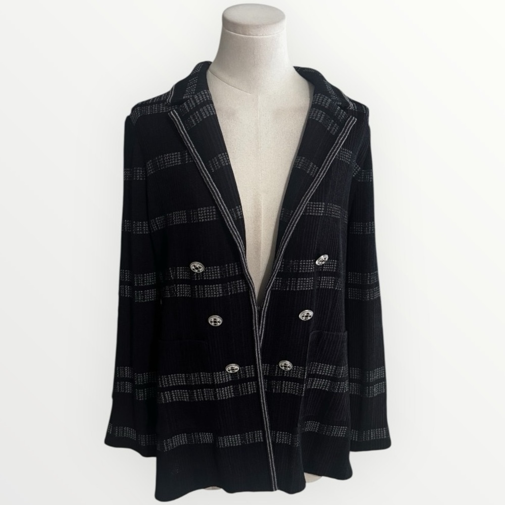 MISOOK Black Purple Plaid Faux Double-Breasted Blazer Pearl Jewel Buttons M Work
